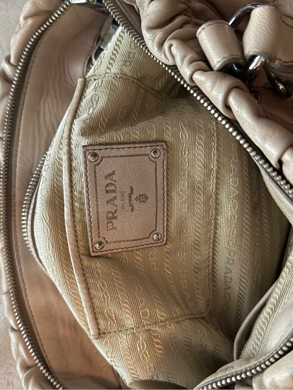 Prada Nappa Gaufré Convertible Satchel Bag in Cameo Beige with Crossbody Strap - Picture 10 of 16